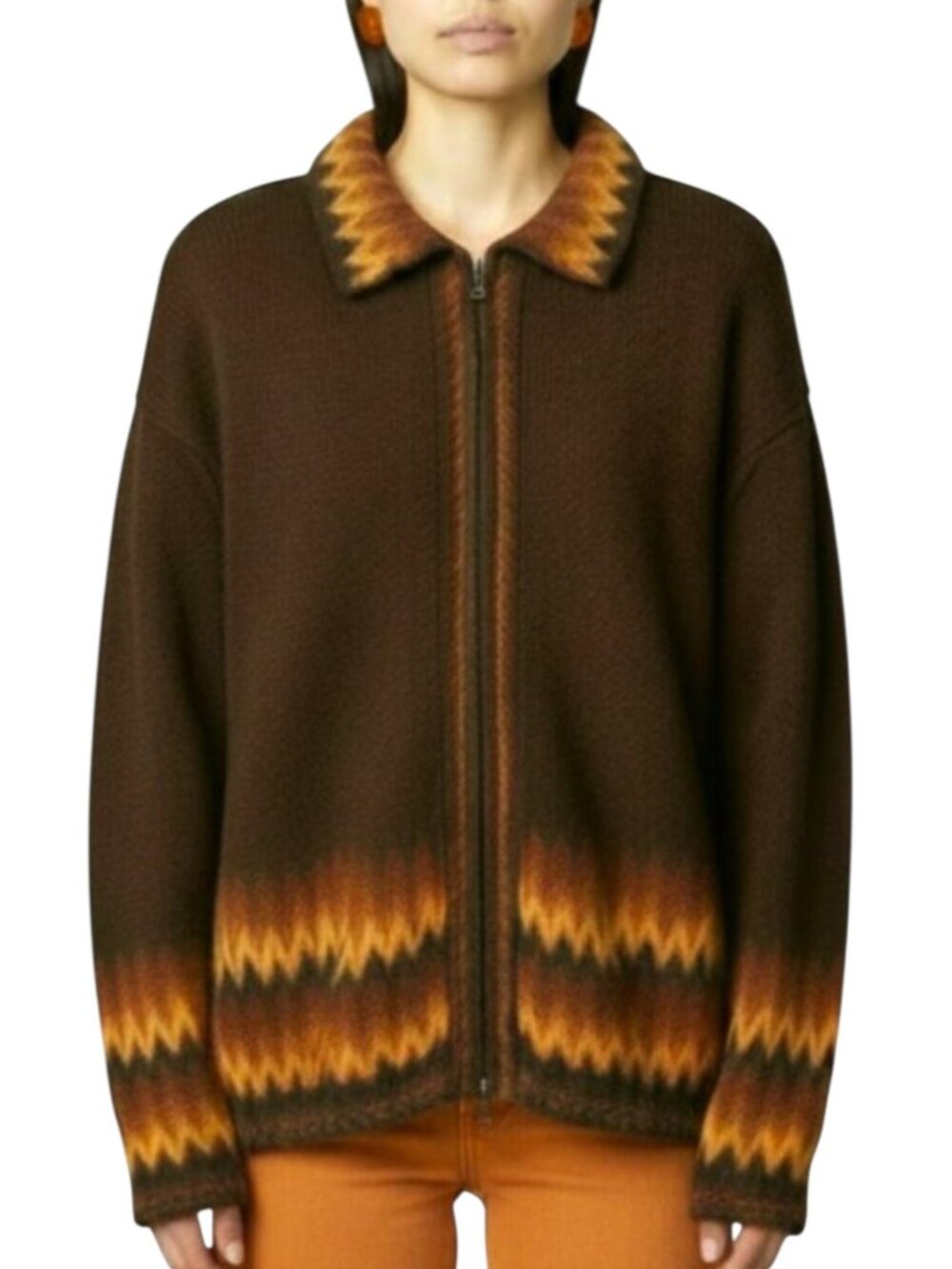 Vintage 70s/80s Ecuador Handcrafted 100% Alpaca Zip Cardigan Boho/Hippie Brown M